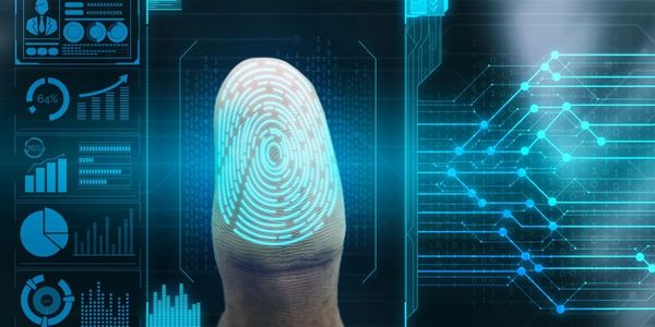 Fingerprint scanning with futuristic digital interface for identity verification.