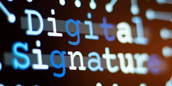 Close-up of digital signature text with circuit board design.