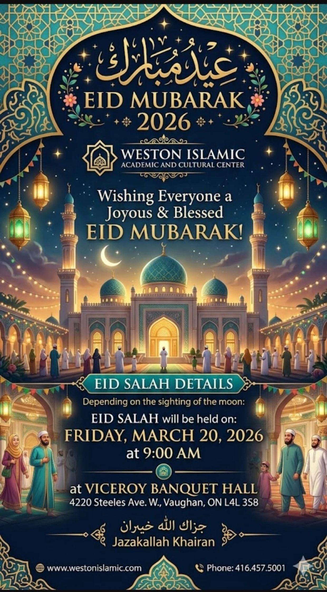 Eid Mubarak 2026 celebration and prayer details at Weston Islamic Center.