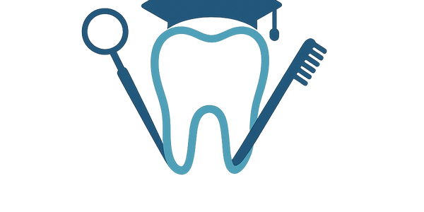 Tooth icon with graduation cap, toothbrush, and dental mirror symbolizing dental education.