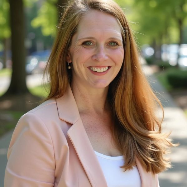Smiling woman with long hair in a light pink blazer outdoors.
