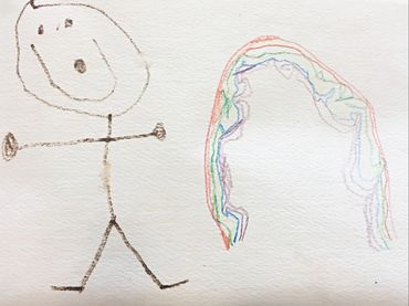 Child drawing of person and rainbow