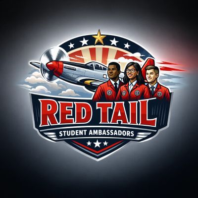 Logo of Red Tail Student Ambassadors with three ambassadors and a fighter plane.