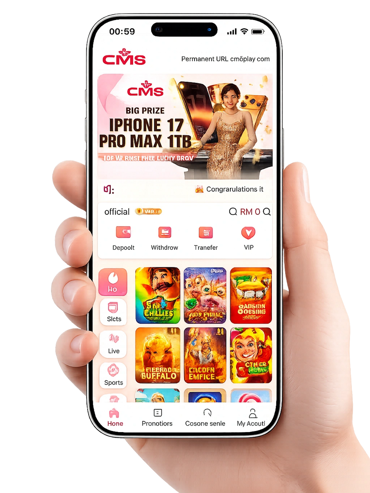 Hand holding a phone displaying a gaming app with prize announcement.