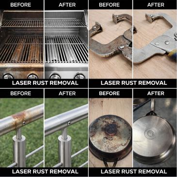 Before and after images showing rust removal from various metal objects.