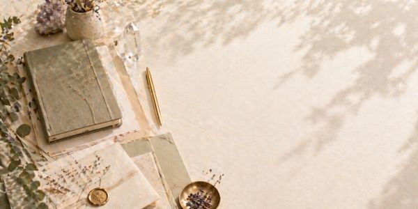 A vintage journal and writing set bathed in soft natural light.