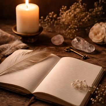 Open journal with quill, candle, crystals, and dried flowers on wooden table.