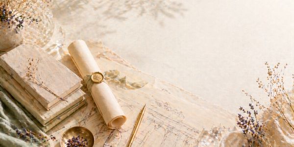 Vintage stationery with a sealed scroll and dried flowers on a soft background.