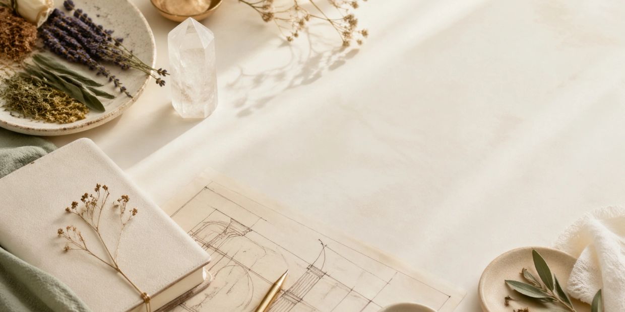 A serene workspace with dried flowers, a crystal, and architectural sketches.