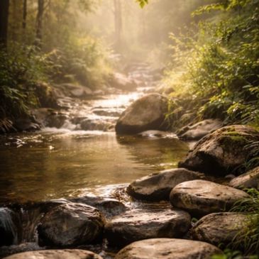 Sunlight filters through trees over a tranquil forest stream with rocks.
