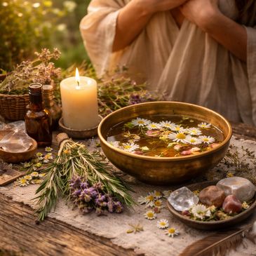 A calming herbal ritual with flowers, candle, and crystals on a wooden table.