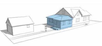 3D sketch of houses with one highlighted in blue.
