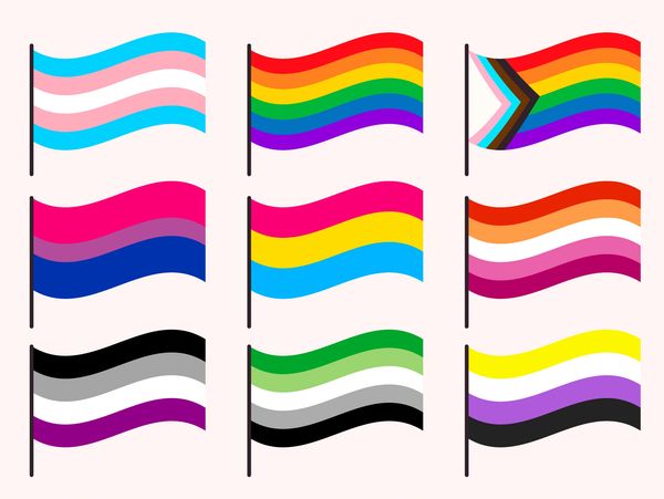 Image by FreePik: 9 pride flags including transgender, progress pride, asexual, bisexual, & others