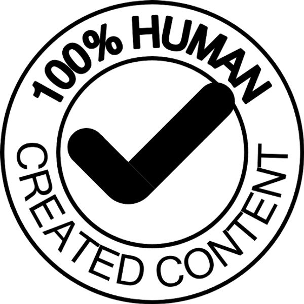 Stamp with '100% HUMAN CREATED CONTENT' and a checkmark.