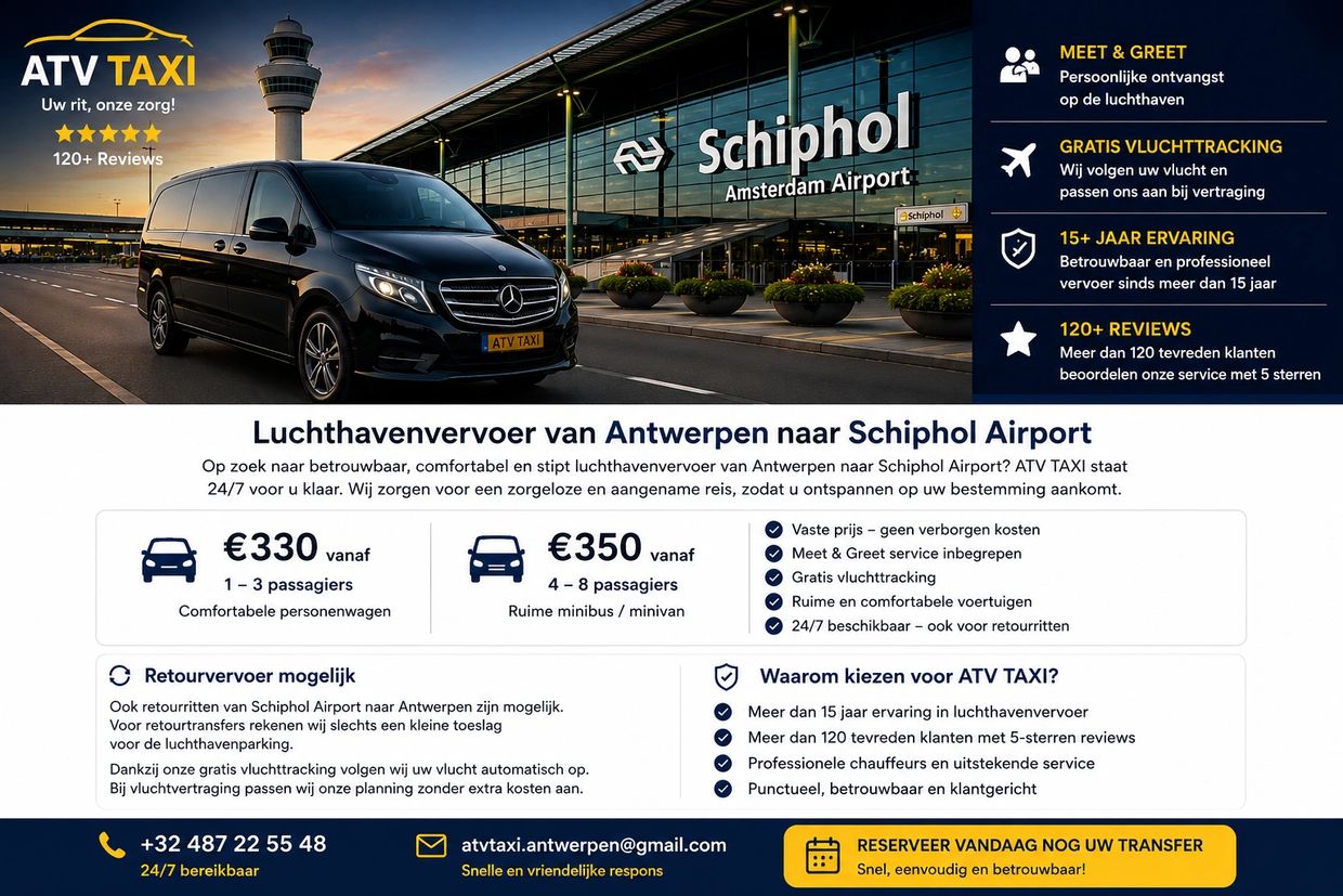 Advertisement for ATV TAXI airport transfers from Antwerp to Schiphol Airport with pricing and features.