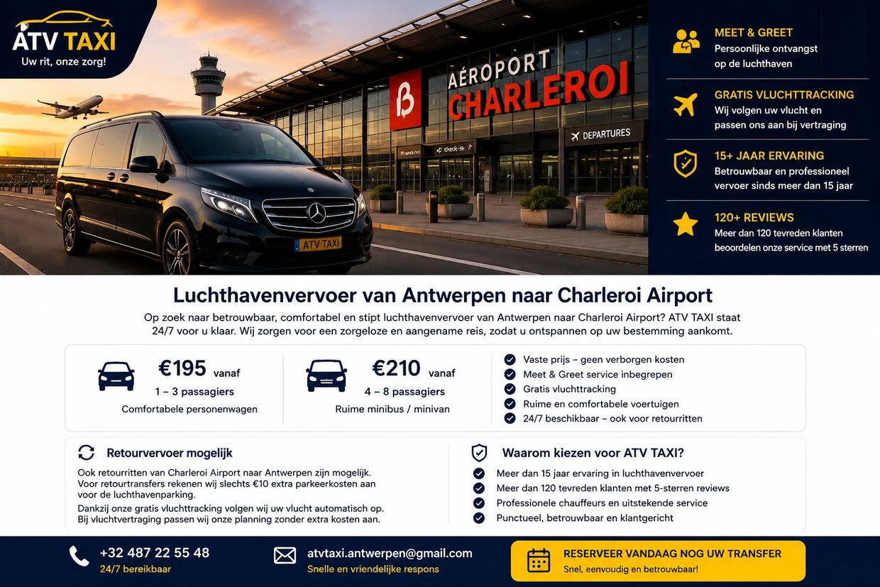Advertisement for ATV TAXI airport transfer from Antwerp to Charleroi Airport with pricing and services.