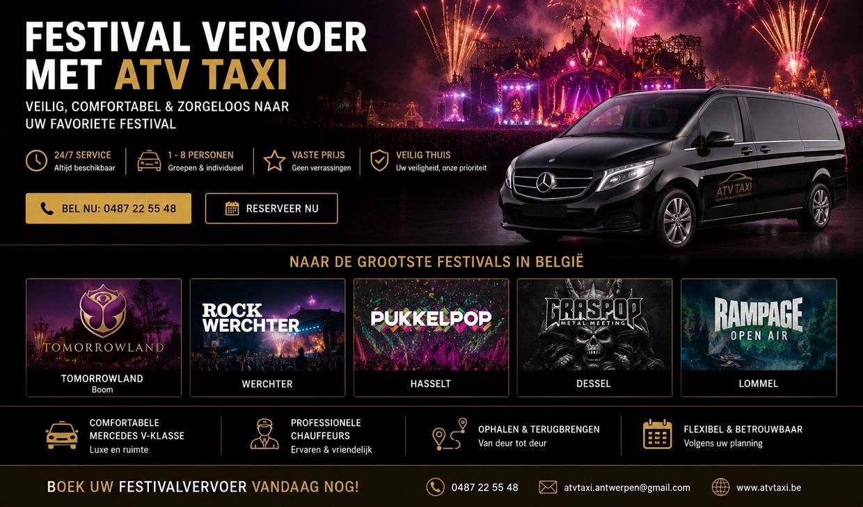 Festival transport service with ATV Taxi for safe and comfortable travel to major Belgian festivals.