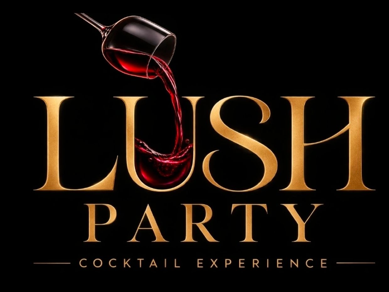 Lush Party cocktail experience logo with wine pouring design.
