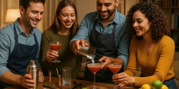 Friends enjoy making cocktails together.