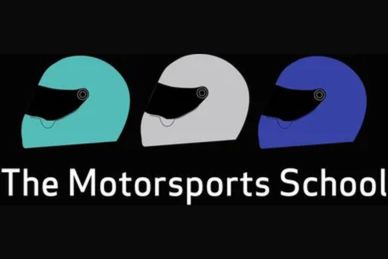 Logo of The Motorsports School with three racing helmets.