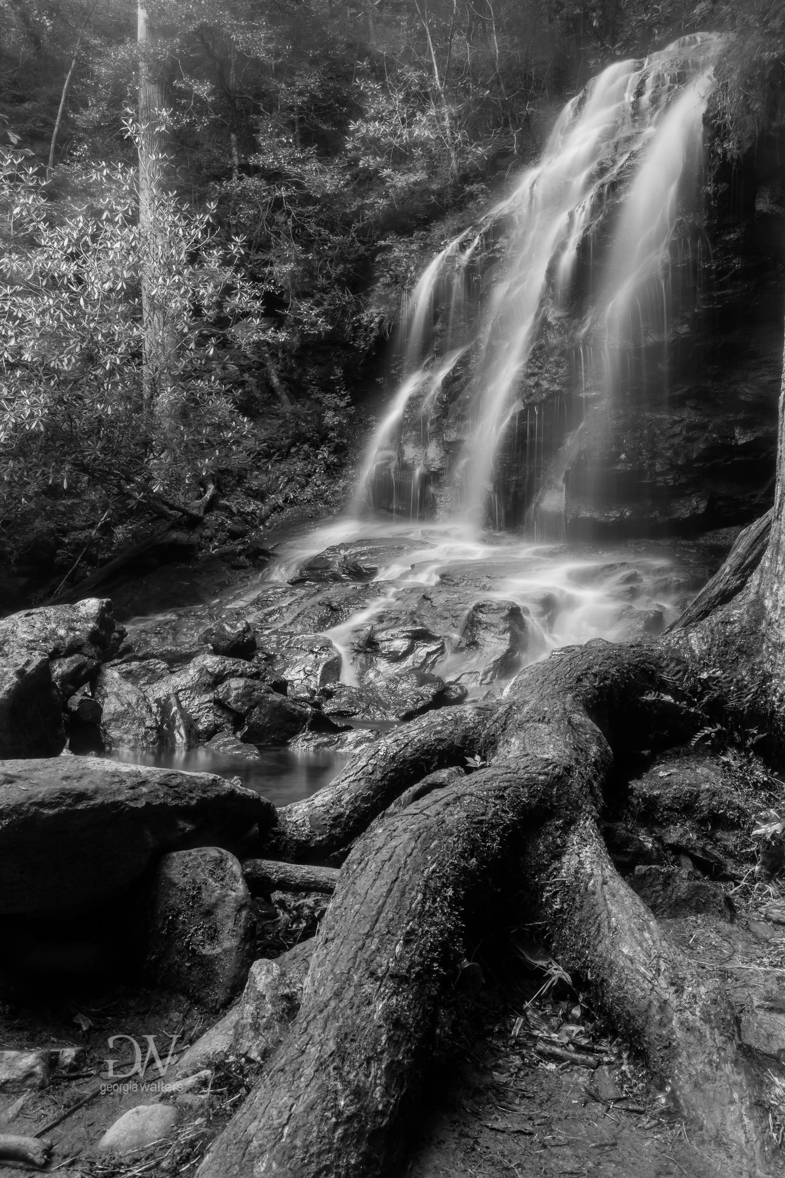 Cover Falls photographed in black and white