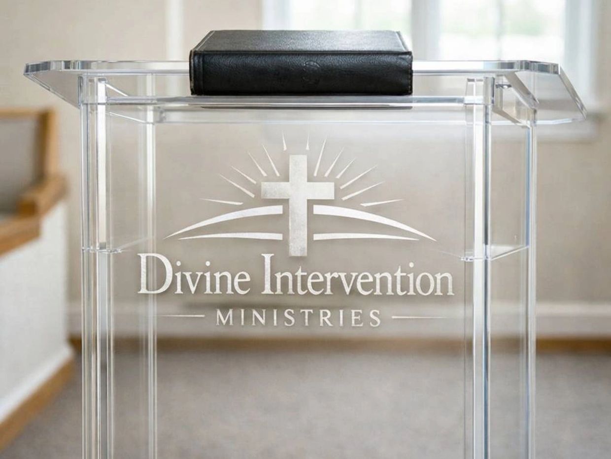 Transparent podium with a Bible and Divine Intervention Ministries logo.