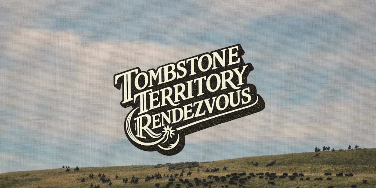 Vintage-style logo reading 'Tombstone Territory Rendezvous' over a scenic landscape with riders and cattle.