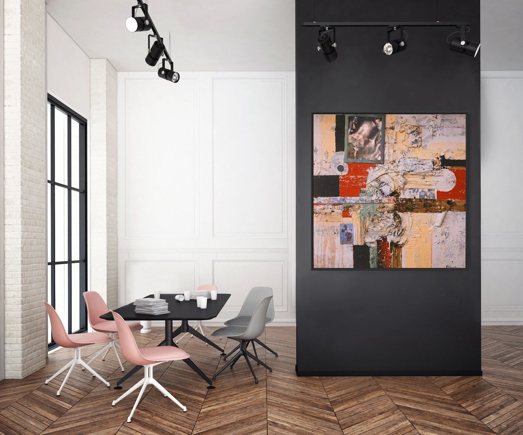 Modern dining area with pink and grey chairs, black table, and abstract art on dark accent wall.