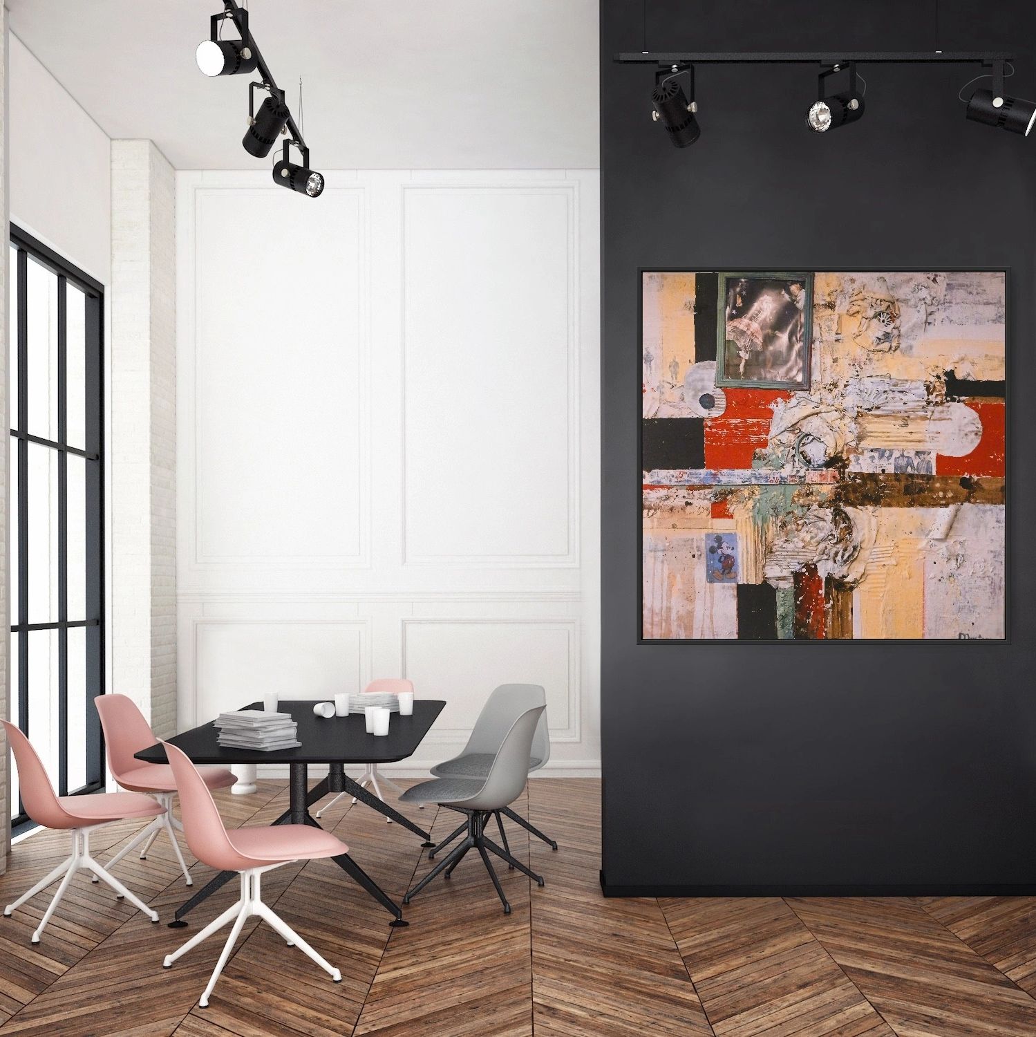 Modern dining area with pink and grey chairs, black table, and abstract art on dark accent wall.