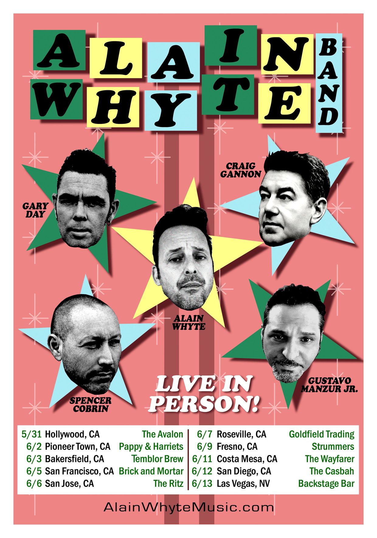 Tour poster for Alain Whyte Band with band member photos and live show dates.