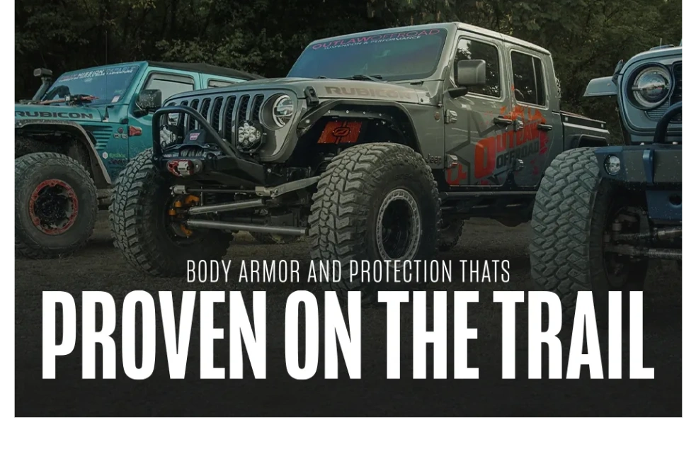 dramatic image showing outlaw offroad jeep gladiaor with motobilt bumpers and fenders