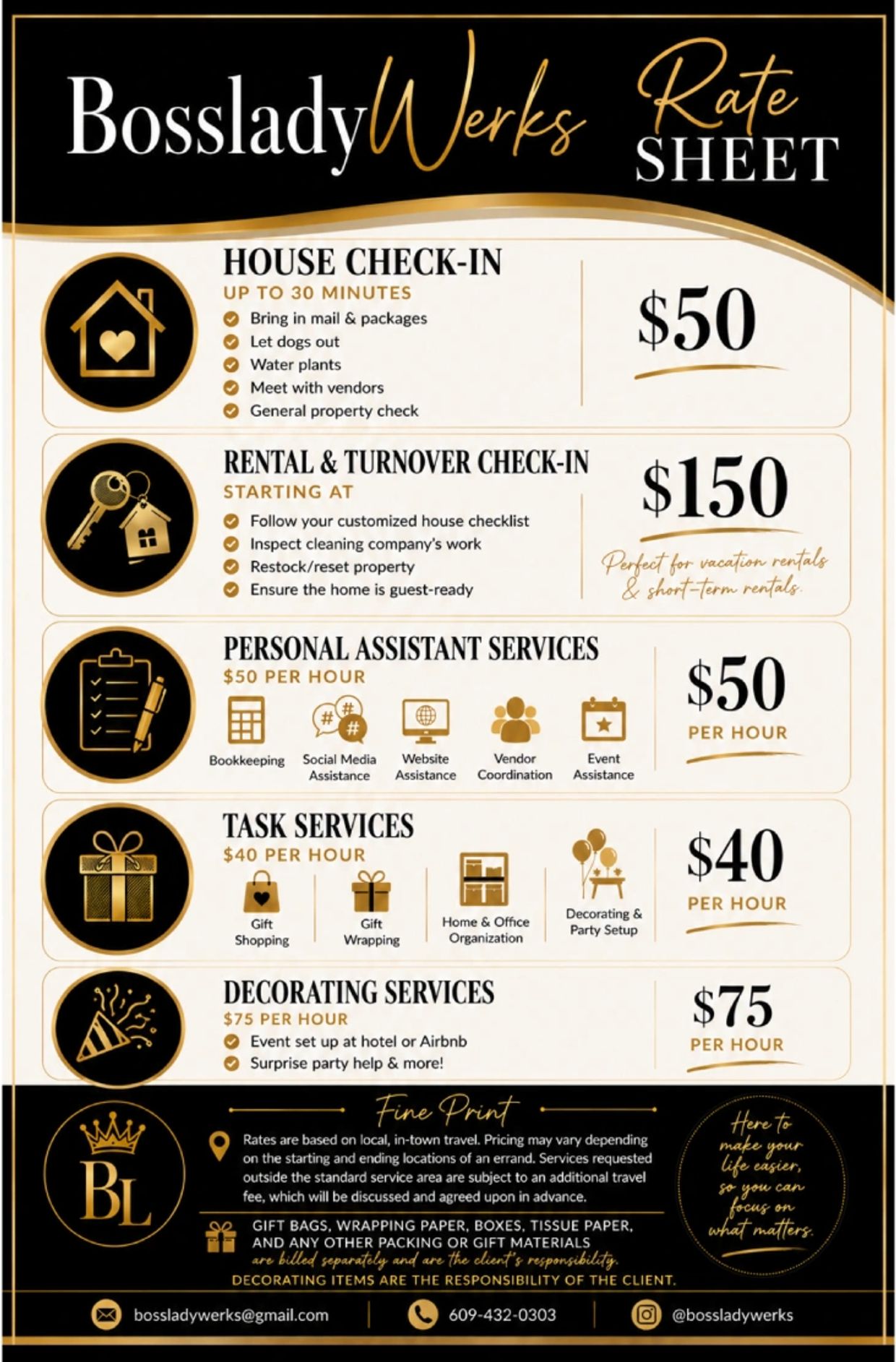 Bosslady Werks service rates for house check-in, rental check, personal assistant, task, and decorating.