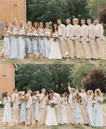 Bridal party posing and celebrating outdoors.
