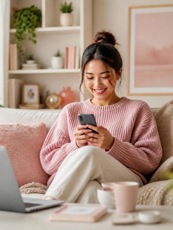 A woman in a pink sweater smiling while using her smartphone at home.