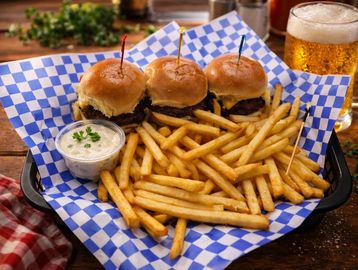 Three mini burgers with fries and dipping sauce on a tray.