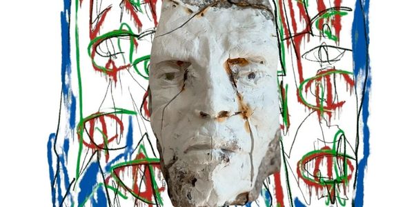 A cracked, white sculpted face with colorful abstract eyes drawn around it.