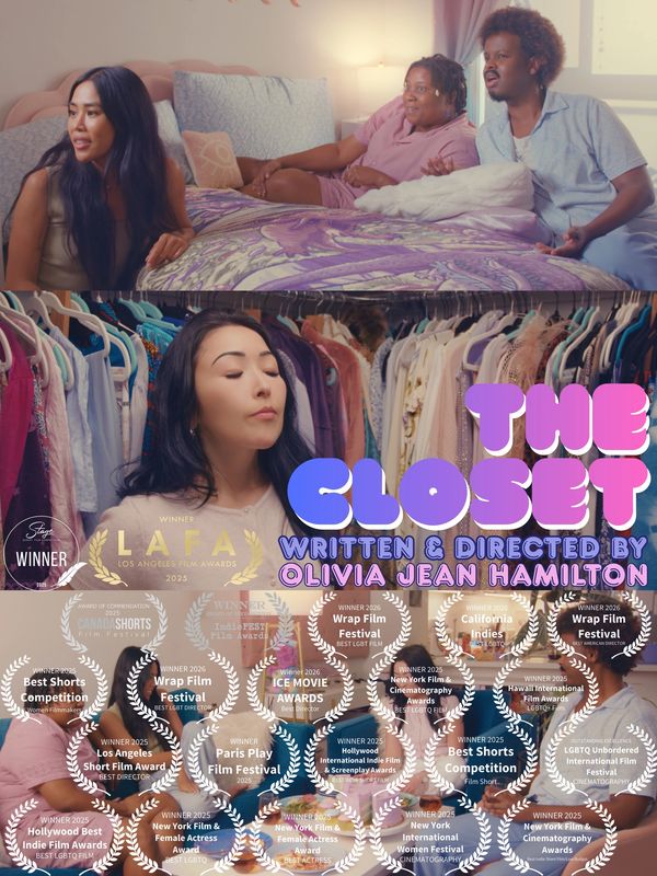 A woman contemplates in a closet while two people watch her from a bed in a film poster for "The Closet".