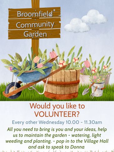 Invitation to volunteer at Broomfield Community Garden for gardening tasks.