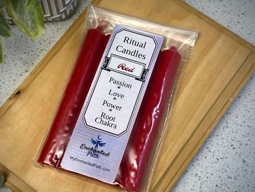 Pack of three red ritual candles for passion, love, power, and root chakra.