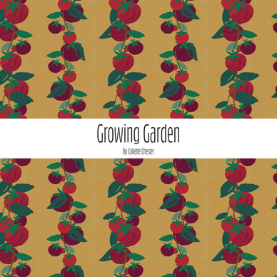 Pattern of red tomatoes on vines over a mustard yellow background.