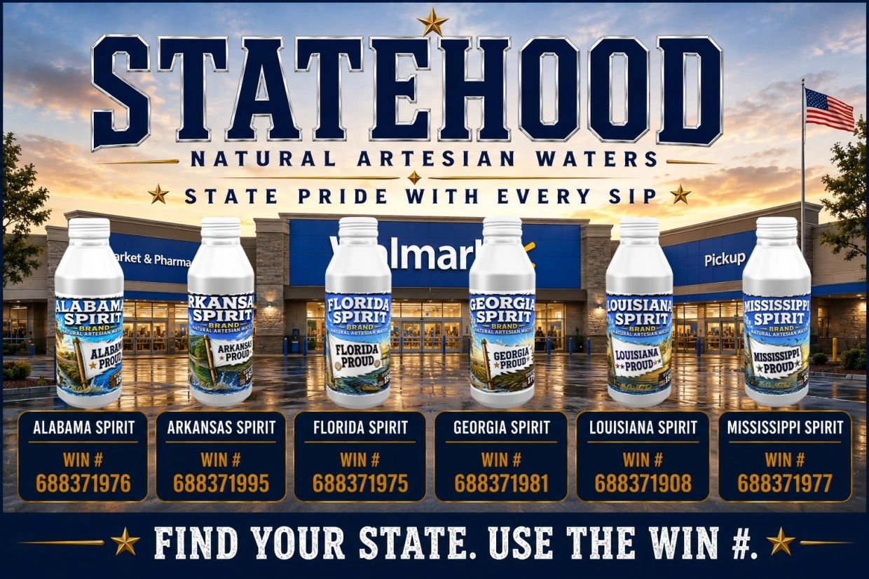 STATEHOOD Waters natural artesian water brands for Walmart with Alabama, Arkansas, Florida, Georgia, Louisiana and Mississippi bottles and WIN numbers.