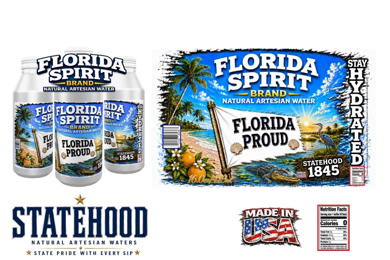 Florida Spirit natural artesian water in reusable aluminum bottles featuring Florida Proud state-inspired branding.