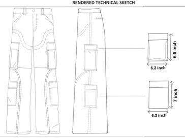 Technical sketch of cargo pants with pocket dimensions and stitching details.