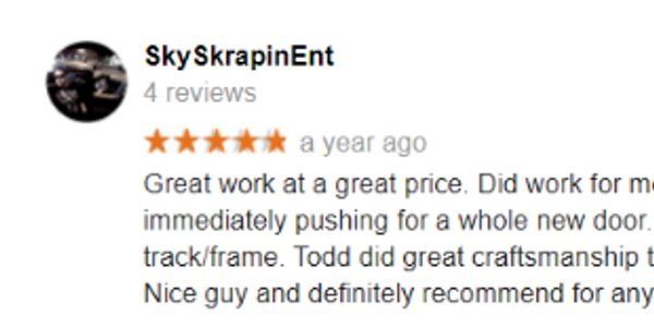 Five-star review praising quality garage door work and craftsmanship.