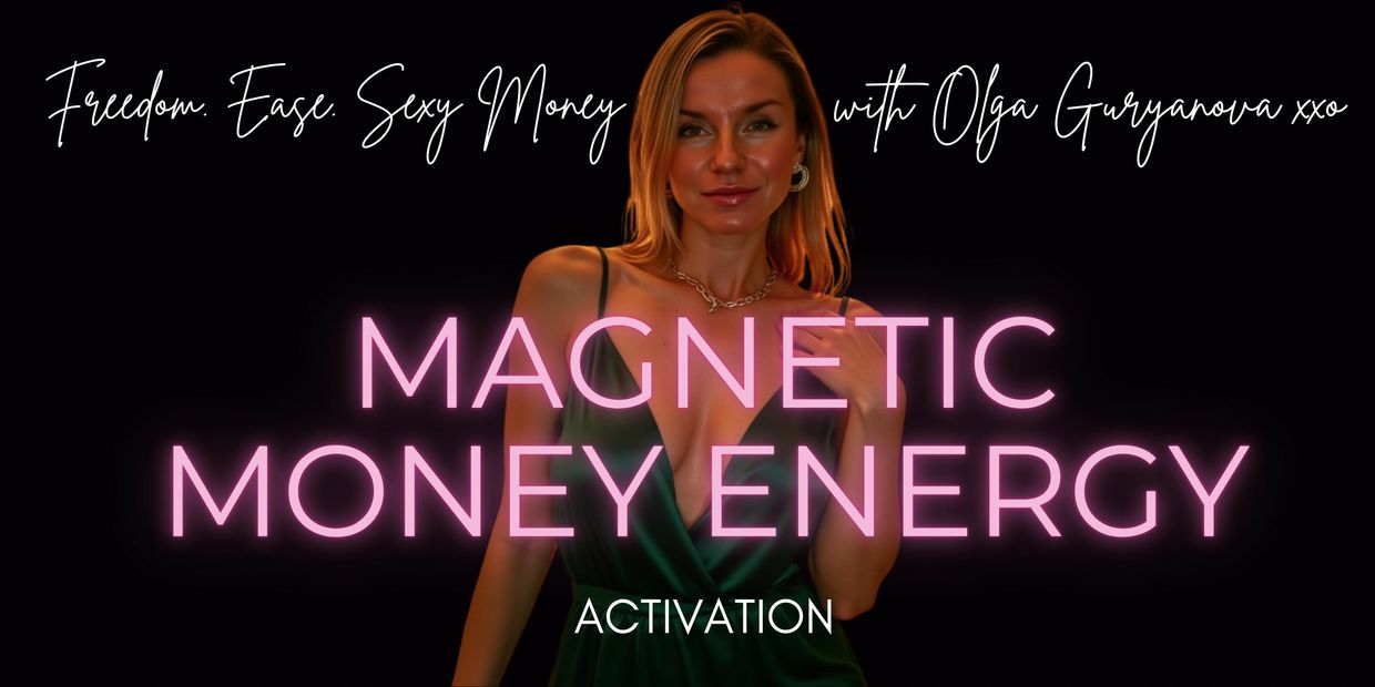 Olga Guryanova promotes Magnetic Money Energy Activation in a stylish green dress.