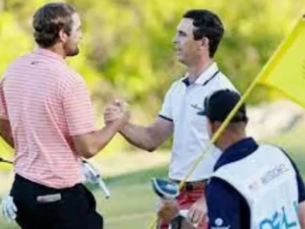 Two golfers shaking hands on a golf course near a flagstick.