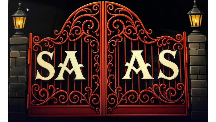 Decorative red gates with ornate swirls and the word 'SA AS' between two lanterns.