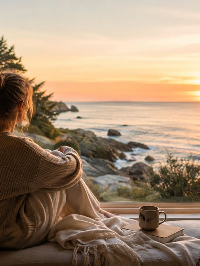 Woman watching sunset by the sea with a cup and book.
