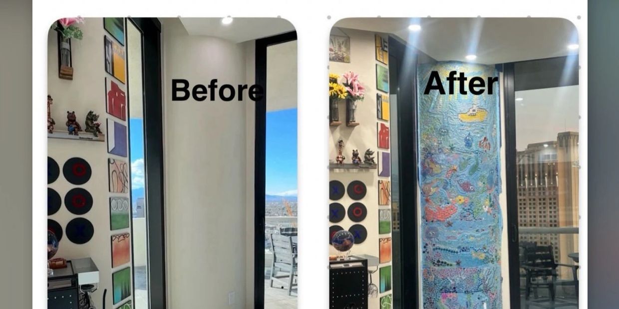 Andy’s Aquarium 106”x38” wall installation, a happy, fun personalized design for his curved wall. 