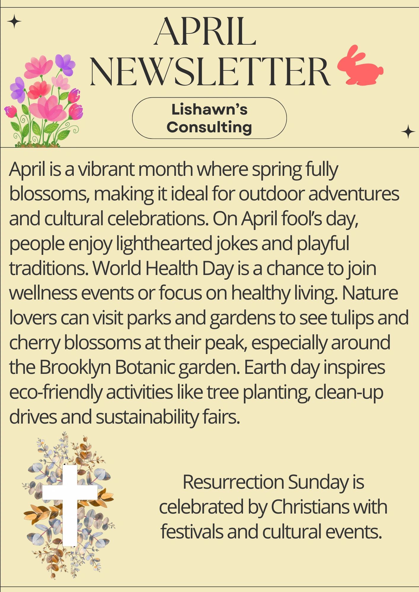 April newsletter highlighting spring, cultural events, and Earth Day activities.